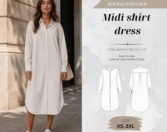 Women’s Midi Shirt Dress Sewing Pattern, Petite Fit 160 cm (Instant Download)