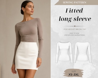 Women’s Fitted Boatneck Long Sleeve Top Sewing Pattern, Standard Fit 168 cm (Instant Download)
