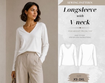 Oversized V-Neck Long Sleeve Sewing Pattern, Tall Fit 176 cm (Instant Download)