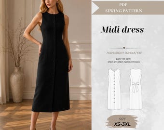 Women’s Sleeveless Button-Down Maxi Dress Sewing Pattern with Round Neck, Standard Fit 168 cm (Instant Download)