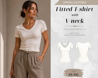 Fitted V-Neck Tshirt Sewing Pattern, Petite Fit 160 cm (Instant Download)