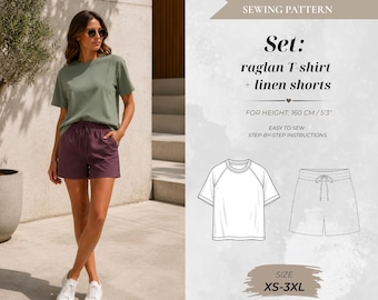 Set: Raglan T-Shirt Linen Shorts Sewing Pattern – Petite Fit (Digital Download)
