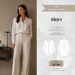 Puede incluir: Un patrón de costura en PDF para una camisa de manga larga. El documento incluye dibujos técnicos de la parte delantera y trasera de la camisa, tallas de la XS a la 3XL y notas para una altura de 176 cm. Incluye formatos A0 y US Letter.