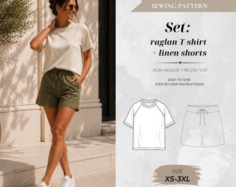 Set: Raglan T-Shirt Linen Shorts Sewing Pattern – Tall Fit (Instant Download)