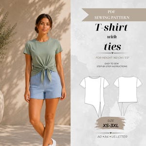 May include: A sage green short-sleeve t-shirt with a front tie detail and light blue shorts. The image includes text: PDF SEWING PATTERN T-shirt with ties FOR HEIGHT: 160 CM / 5'3" EASY TO SEW STEP-BY-STEP INSTRUCTIONS SIZE XS-3XL A0 A4 US LETTER.