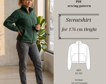 Tall Zip Up Hoodie Sewing Pattern, Women's Sweatshirt (PDF Download)