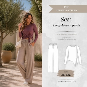 Puede incluir: Un patrón de costura en PDF para un conjunto de camiseta de manga larga y pantalones. La camiseta es de color malva con un nudo lateral, y los pantalones son beige con cintura de cordón. El texto incluye Set: Longsleeve + pants, FOR HEIGHT: 176 CM / 5'9", y SIZE XS-3XL.