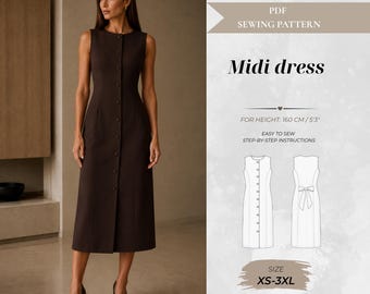 Women’s Sleeveless Button-Down Maxi Dress Sewing Pattern with Round Neck, Petite Fit 160 cm (Instant Download)