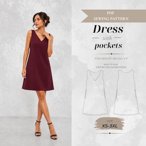 Könnte beinhalten: Ein PDF-Schnittmuster für ein ärmelloses Kleid mit V-Ausschnitt und Taschen. Der Text lautet: PDF SEWING PATTERN, Dress with pockets, FOR HEIGHT: 160 CM / 5'3", EASY TO SEW STEP-BY-STEP INSTRUCTIONS, SIZE XS-3XL. Enthält eine Skizze des Kleides.