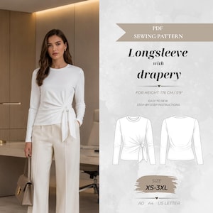Patron de couture Longsleeve Drapé avec Ceinture à la Taille – Coupe Grande 176 cm (Téléchargement immédiat)