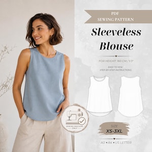 Puede incluir: Un patrón de costura en PDF para una blusa sin mangas. El documento incluye texto, un dibujo técnico de la parte delantera y trasera de la blusa, y tallas desde la XS hasta la 3XL para una altura de 160 cm. Incluye formatos A0, A4 y US letter.