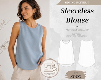 Easy Sleeveless Blouse Top Sewing Pattern, No Overlock Needed, Petite Fit 160 cm (Instant Download)