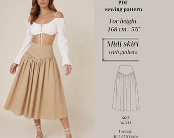 Gathered Midi Skirt Sewing Pattern – Standard Height 168cm (PDF Download)