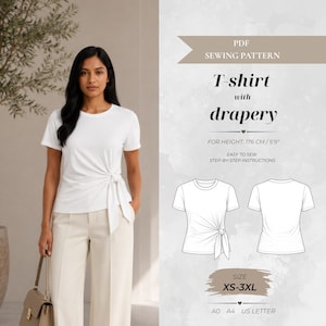 Puede incluir: Una camiseta blanca de manga corta con drapeado lateral y detalle de nudo. El patrón de costura digital incluye el texto: PDF SEWING PATTERN, T-shirt with drapery, FOR HEIGHT: 176 CM / 5'9", EASY TO SEW STEP-BY-STEP INSTRUCTIONS, SIZE XS-3XL, A0 A4 US LETTER.