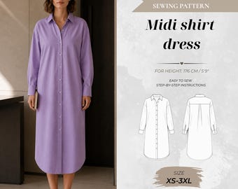 Women’s Midi Shirt Dress Sewing Pattern, Tall Fit 176 cm (Instant Download)