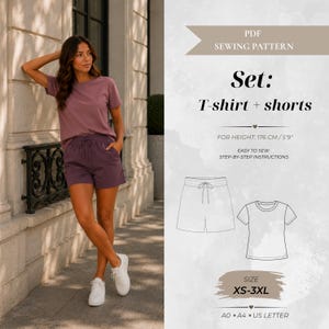 May include: A PDF sewing pattern for a set including a short-sleeved t-shirt and drawstring shorts. The text indicates the pattern is for a height of 5'9" and includes sizes XS-3XL, with instructions for A0, A4, and US letter paper formats.