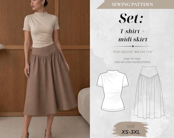 Sewing Pattern Bundle – Draped Tshirt & Gathered Midi Skirt, Standard Fit 168 cm (Instant Download)