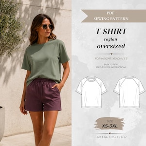 May include: A PDF sewing pattern for an oversized raglan t-shirt. The image displays a sage green t-shirt with short sleeves and dark purple shorts. Technical line drawings show the front and back of the shirt. Text includes "T-SHIRT raglan oversized", "FOR HEIGHT: 160 CM/5'3"", and "SIZE XS-3XL".