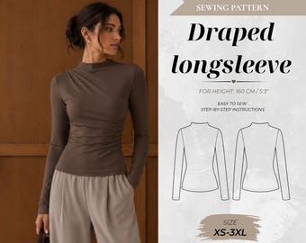 Draped Waist and Shoulder Long Sleeve Sewing Pattern, Petite Fit 160 cm (Instant Download)