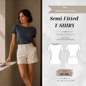 Puede incluir: Un patrón de costura en PDF para una camiseta semi-ajustada, con el texto "Semi-Fitted T-SHIRY" y "FOR HEIGHT: 176 CM/5'9"." El gráfico incluye un dibujo técnico de línea del frente y la espalda de la camiseta, con tallas XS-3XL.