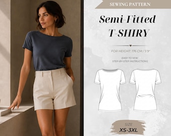 Women’s Boat Neck Semi-Fitted T-Shirt Sewing Pattern, Tall Fit 176 cm (Instant Download)