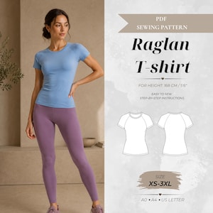 May include: A PDF sewing pattern for a raglan T-shirt, featuring text that reads PDF SEWING PATTERN, Raglan T-shirt, FOR HEIGHT: 168 CM / 5'6", EASY TO SEW STEP-BY-STEP INSTRUCTIONS, SIZE XS-3XL, and A0 A4 US LETTER, with line art diagrams.