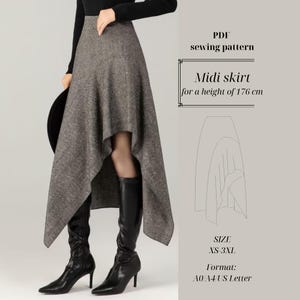 Puede incluir: Un patrón de costura de falda midi gris con el texto "Midi skirt for a height of 176 cm". El patrón incluye tallas XS-3XL y está disponible en formatos A0, A4 y US Letter. El diseño de la falda es visible.