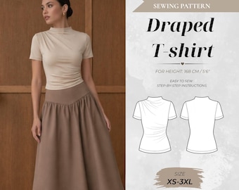 Draped T-Shirt Sewing Pattern – Sculptural Top with Shoulder and Waist Draping (Instant Download)