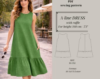 Damen Sommerkleid Schnittmuster: Rüschensaum, Übergröße XS-3XL (PDF-Schnittmuster, 160 cm Höhe)