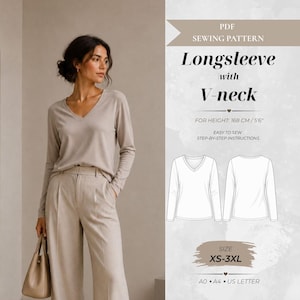 May include: A PDF sewing pattern for a long-sleeve V-neck shirt. The document includes text for height 5'6", sizes XS-3XL, and A0, A4, and US letter formats. A visual diagram shows the front and back outlines of the shirt design.