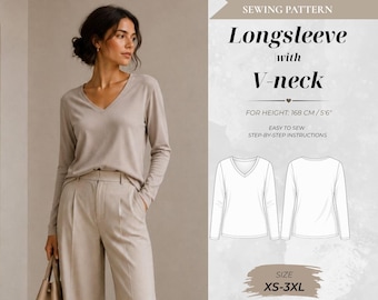 Oversized V-Neck Long Sleeve Sewing Pattern, Standard Fit 168 cm (Instant Download)