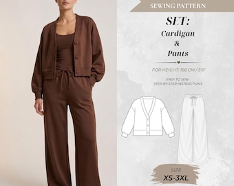 Women’s Knit Set Sewing Pattern: Cropped Button-Up Cardigan & High-Waisted Wide-Leg Pants, Standard Fit 168 cm (Instant Download)