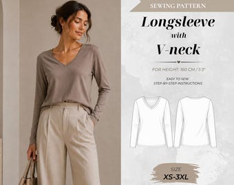 Oversized V-Neck Long Sleeve Sewing Pattern, Petite Fit 160 cm (Instant Download)