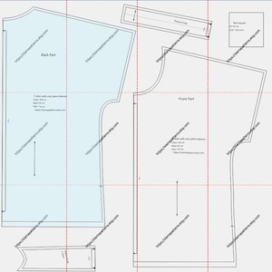 May include: A digital sewing pattern layout for a t-shirt with one-piece sleeves. The pattern includes front and back pieces, a rectangle for the facing, and a text square. Measurements are provided in centimeters and inches.