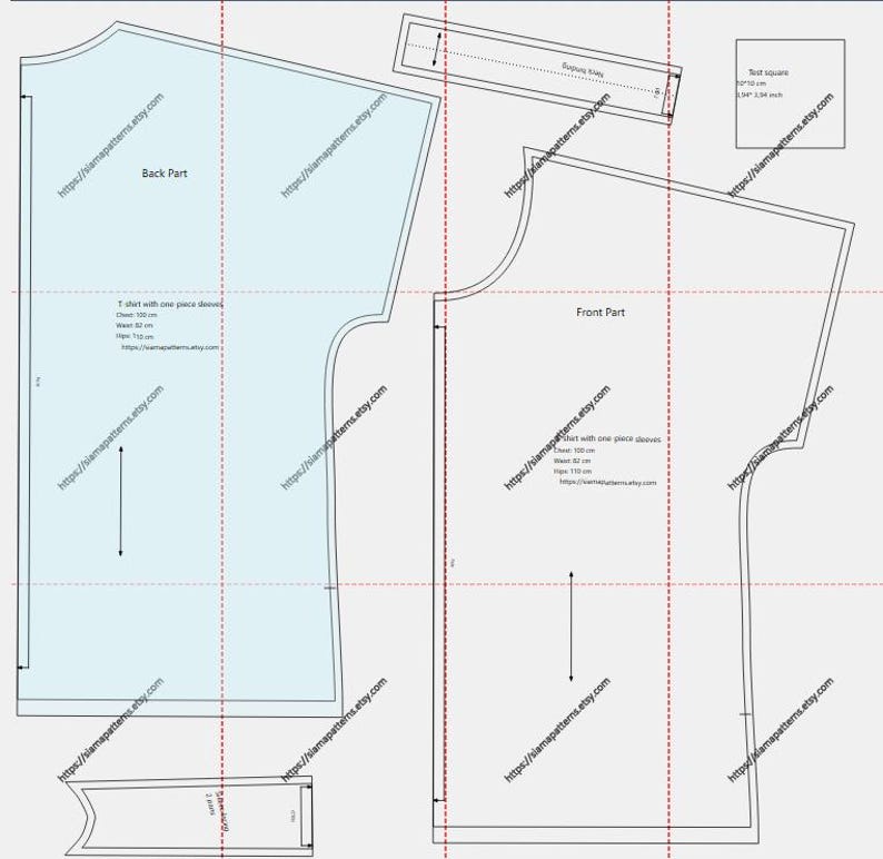 May include: A digital sewing pattern layout for a t-shirt with one-piece sleeves. The pattern includes front and back pieces, a rectangle for the facing, and a text square. Measurements are provided in centimeters and inches.