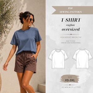 Può includere: Un cartamodello PDF per una t-shirt raglan oversize. Il design include istruzioni passo dopo passo per le taglie XS-3XL, adatte a un'altezza di 168 cm. Il documento presenta disegni tecnici della parte anteriore e posteriore della t-shirt.