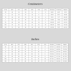 May include: A size chart with measurements in centimeters and inches. The chart includes sizes XS to 3XL, with corresponding chest, waist, and hip measurements in both inches and centimeters. The text "Centimeters" and "Inches" are at the top.