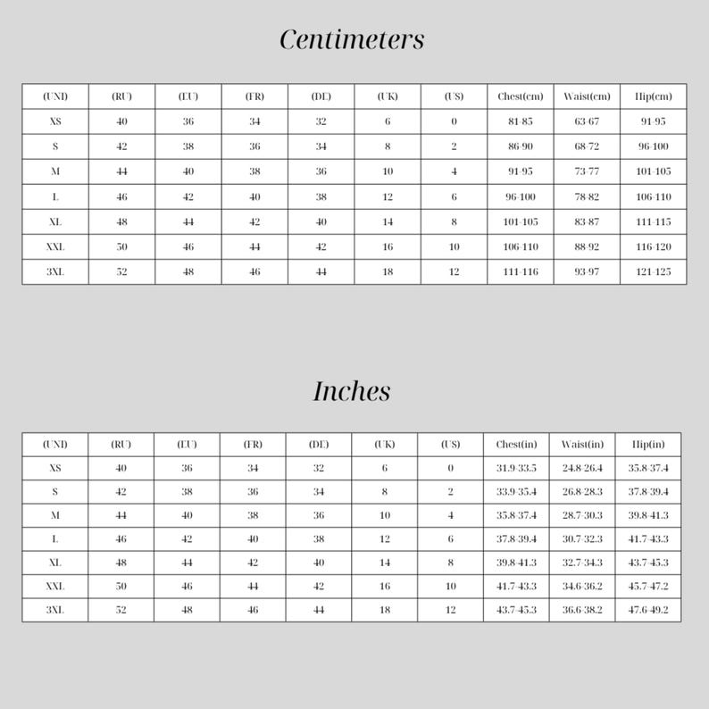 May include: A size chart with measurements in centimeters and inches. The chart includes sizes XS to 3XL, with corresponding chest, waist, and hip measurements in both inches and centimeters. The text "Centimeters" and "Inches" are at the top.