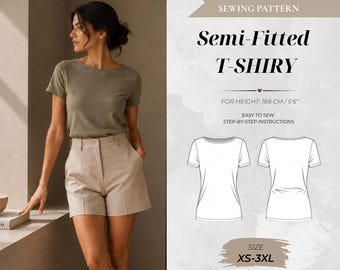 Women’s Boat Neck Semi-Fitted T-Shirt Sewing Pattern, Standard Fit 168 cm (Instant Download)
