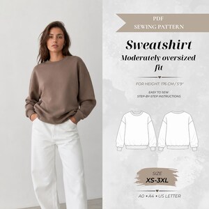 Puede incluir: Un patrón de costura en PDF para una sudadera de corte moderadamente oversize. La imagen muestra una sudadera marrón de manga larga, un dibujo técnico de la parte delantera y trasera, y texto que incluye "PDF SEWING PATTERN", "SIZE XS-3XL" y "FOR HEIGHT: 176 CM/5'9"."