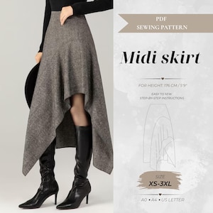 May include: A PDF sewing pattern for a midi skirt with an asymmetrical hemline. The text reads PDF SEWING PATTERN, Midi skirt, FOR HEIGHT: 176 CM/5'9", EASY TO SEW STEP-BY-STEP INSTRUCTIONS, SIZE XS-3XL, A0, A4, US LETTER. The skirt is grey and textured.