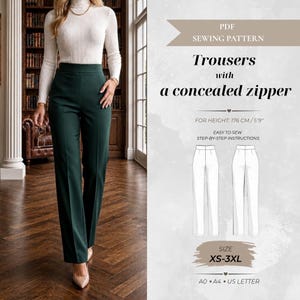 Puede incluir: Un patrón de costura en PDF para pantalones con cremallera oculta. La imagen muestra un cuello alto blanco de manga larga, pantalones verde oscuro de cintura alta y un dibujo técnico de los pantalones. Texto: PDF SEWING PATTERN, Trousers with a concealed zipper, FOR HEIGHT: 176 CM/5'9", EASY TO SEW STEP-BY-STEP INSTRUCTIONS, SIZE XS-3XL, A0, A4, US LETTER.