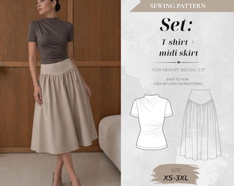 Sewing Pattern Bundle – Draped Tshirt & Gathered Midi Skirt, Petite Fit 160 cm (Instant Download)