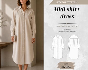Women’s Midi Shirt Dress Sewing Pattern, Standard Fit 168 cm (Instant Download)