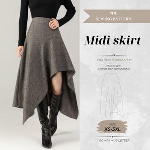 Könnte beinhalten: Ein PDF-Schnittmuster für einen grauen Midirock mit Fischgrätmuster und asymmetrischem Saum. Der Text enthält PDF SEWING PATTERN, Midi skirt, FOR HEIGHT: 168 CM / 5'6", EASY TO SEW STEP-BY-STEP INSTRUCTIONS, SIZE XS-3XL, A0 A4 US LETTER.