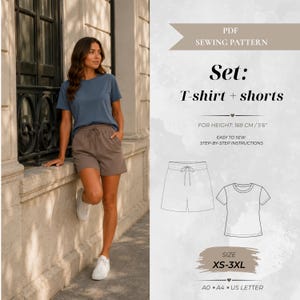 May include: A PDF sewing pattern for a set including a blue t-shirt and brown shorts with a drawstring waist. The text includes "PDF SEWING PATTERN", "Set: T-shirt + shorts", "FOR HEIGHT: 168 CM/5'6"", "EASY TO SEW", "SIZE XS-3XL", and "A0 A4 US LETTER".