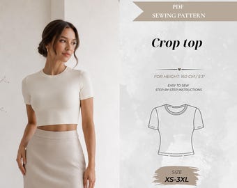 Tailliertes Crop Top Schnittmuster: Damen Kurzarm DIY (PDF-Muster, Höhe 160 cm)