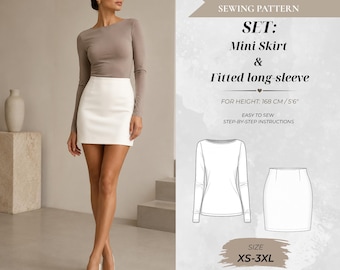 Women’s Two-Piece Set Sewing Pattern (Mini Pencil Skirt & Fitted Boatneck Top), Standard Fit 168 cm (Instant Download)
