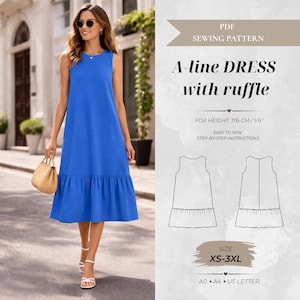 May include: A PDF sewing pattern for an A-line dress with a ruffle, featuring text including "A-line DRESS with ruffle", "FOR HEIGHT: 176 CM / 5'6"", "SIZE XS-3XL", and "A0 A4 US LETTER". The image shows a blue sleeveless dress with a ruffled hem.