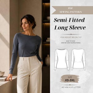 Op de afbeelding: Een PDF-naaipatroon voor een semi-aangesloten top met lange mouwen. De afbeelding toont een blauw shirt met lange mouwen, technische lijntekeningen van de voor- en achterkant van het kledingstuk en de tekst "PDF SEWING PATTERN", "Semi-Fitted Long Sleeve", "SIZE XS-3XL", "A0 A4 US LETTER".